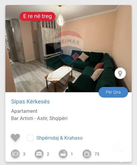 Tirane, jepet me qera apartament 2+1 Kati 5, 80 m² 550 € (Astir)