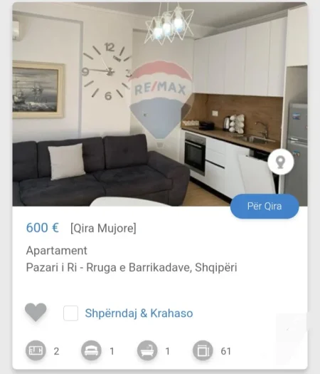 Tirane, jepet me qera apartament 1+1 Kati 7, 70 m² 600 € (Rruga e Barrikadave)