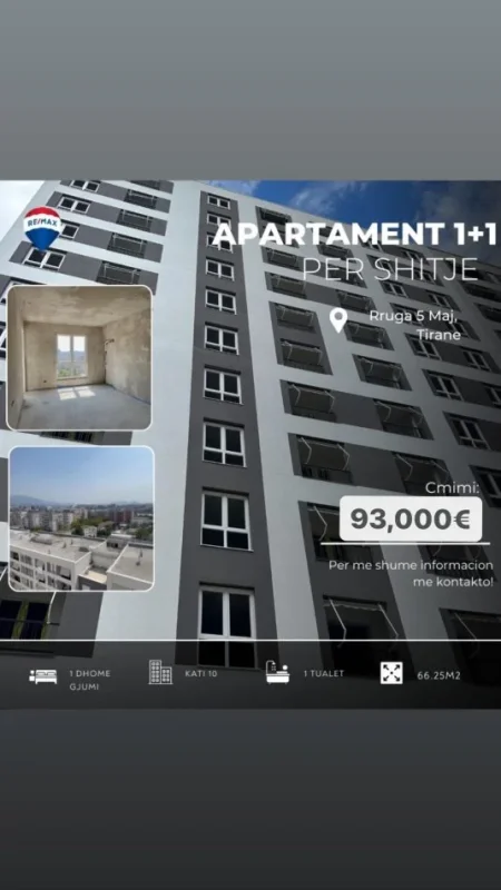 Tirane, shitet apartament 1+1 Kati 10, 66 m² 93.000 € (SHESIM APARTAMENT 1+1 RRUGA 5 MAJI!)