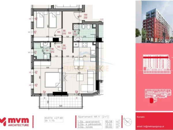 Tirane, shitet apartament 2+1+Ballkon Kati 8, 99 m² 138.600 € (Don Bosko)