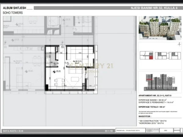 Tirane, shitet apartament 1+1 Kati 9, 80 m² 176.000 € (Muhamet Gjollesha, Tirana 1001, Albania)