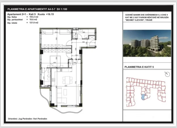 Tirane, shitet apartament 2+1 Kati 5, 122 m² 110.000 € (Rezidena Alena)