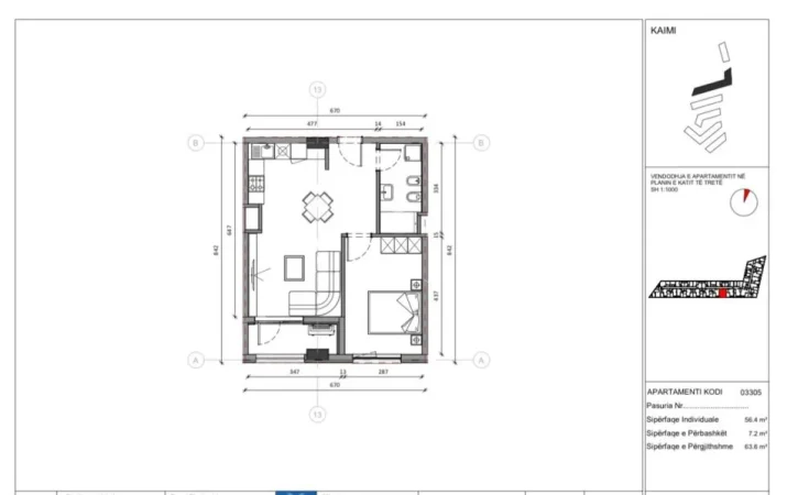 Apartament 1+1 ne shitje, siperfaqe 63,6 m2, ne katin e 3-te, Cmimi per m2 1300 eur, Kompleksi Kaimi