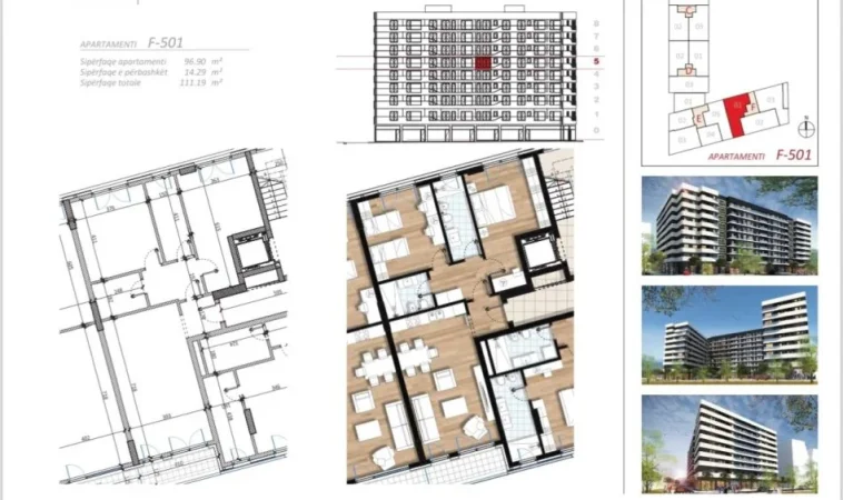 Tirane, shitet apartament 2+1 Kati 5, 111 m² (Don Bosco)