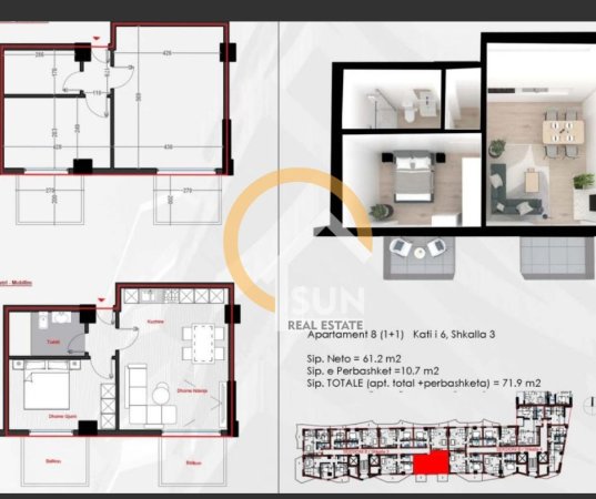 Shkoder, shitet apartament 1+1+Ballkon Kati 6, 71 m² 122.230 € (KUNE, SHENGJIN)