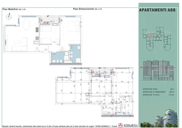 Tirane, shitet apartament 2+1 Kati 8, 118 m² (21 Dhjetori)