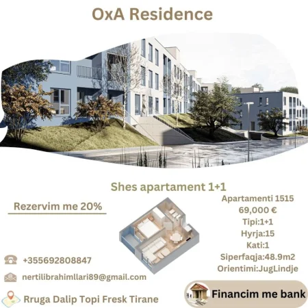 Tirane, shes apartament 1+1+Ballkon Kati 1, 49 m² 69.000 € (Rruga Dalip Topi Fresk Tirane)