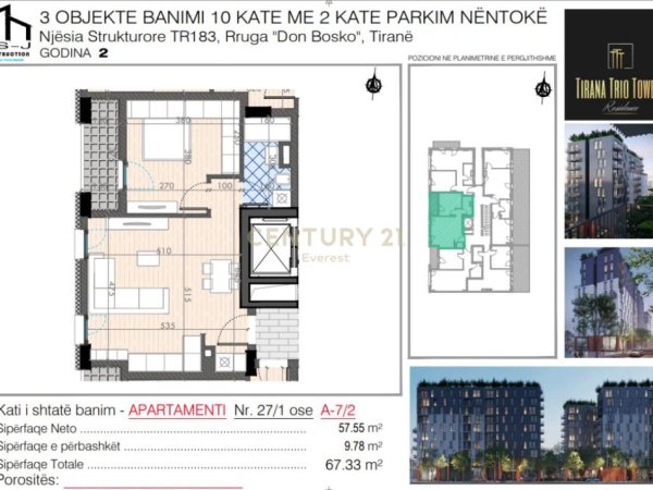 Tirane, shitet apartament 1+1 Kati 7, 67 m² (don bosko)