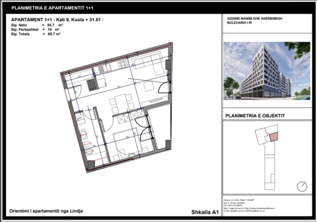 Tirane, shitet apartament 1+1 Kati 9, 66 m² 135.342 € (Bulevardi i Ri)