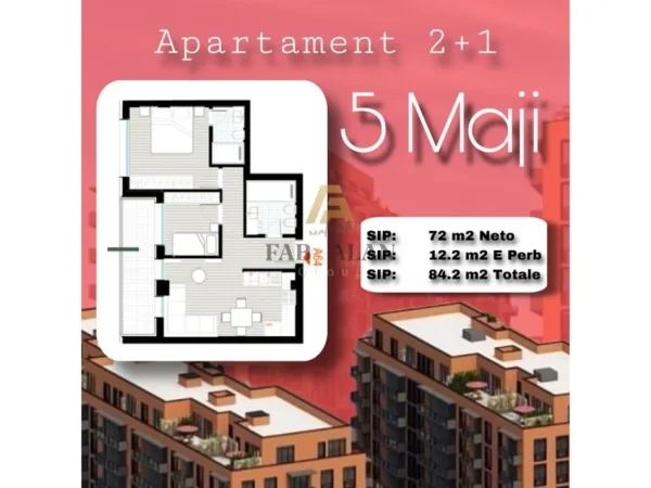 Tirane, shitet apartament 2+1+2 Kati 6, 84 m² 109.200 € (5 Maji)