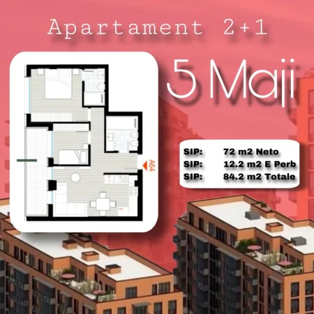 Tirane, shes apartament 2+1+Ballkon Kati 6, 84 m² 109.200 € (Rruga 5 Maji)