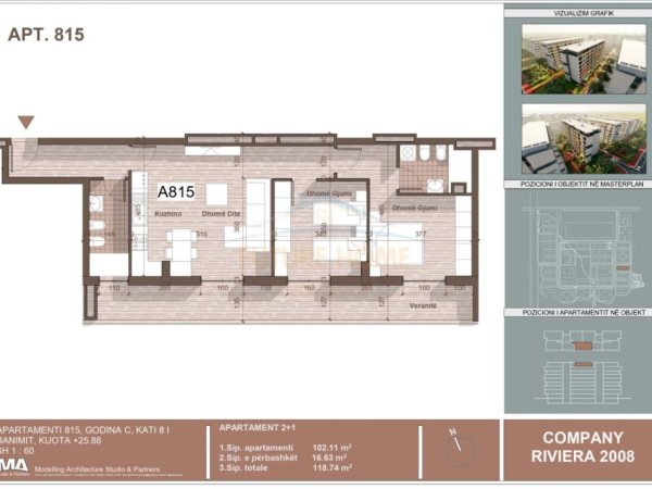 Tirane, shitet apartament 2+1 Kati 8, 119 m² 100.000 € (QTU)