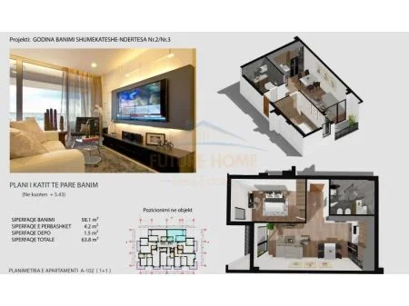 Sarande, shitet apartament 1+1 Kati 1, 63 m² 121.500 € (Lagjia 4, Sarande AREA46562)