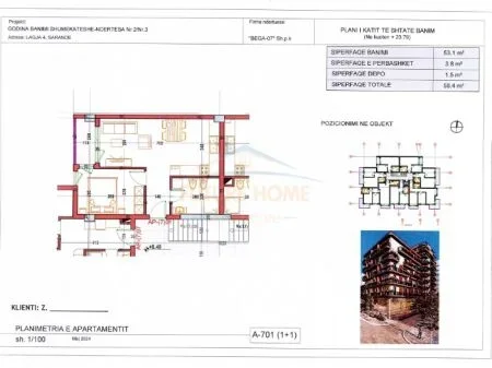 Sarande, shitet apartament 1+1 Kati 7, 59 m² 132.300 € (Lagjia 4, Sarande AREA46569)