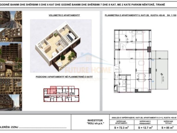 Tirane, shitet apartament 1+1 Kati 1, 85 m² 1700 EURO/M2 € (Siri Kodra)