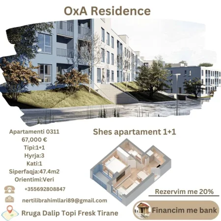 Tirane, shes apartament 1+1+Ballkon Kati 1, 47 m² 67.000 € (Rruga Dalip Topi Fresk Tirane)