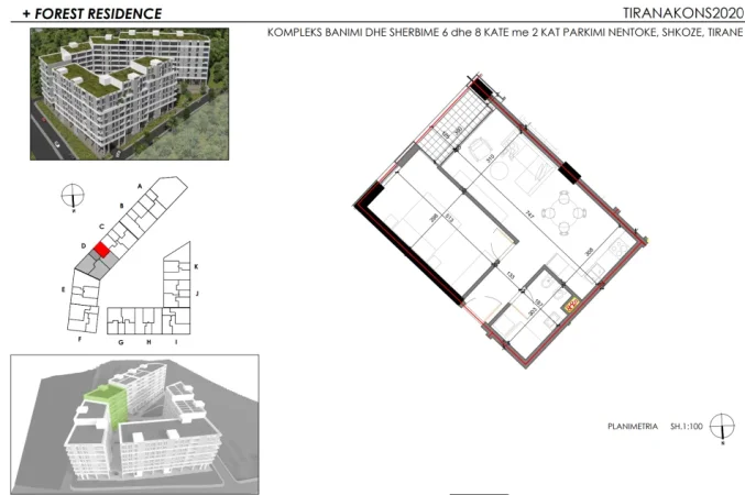 Tirane, shes apartament 1+1+Ballkon Kati 3, 66 m² 73.000 € (Forest Residence, Shkoze -12 min ne kembe nga Liqeni i Farkes)