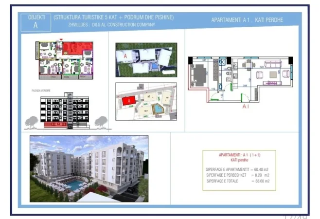 Durres, shitet apartament 1+1+Ballkon Kati 1, 69 m² (Golem)