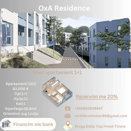 Tirane, shes apartament 1+1+Ballkon Kati 1, 59 m² 83.000 € (Rruga Dalip Topi Fresk Tirane)