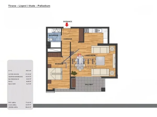 Tirane, shitet apartament 1+1 Kati 5, 89 m² 165.427 € (Palladium Residence)