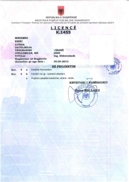 Tirane,  Ofrohet Licence  Projektimi  Inxhinier Hidroteknike