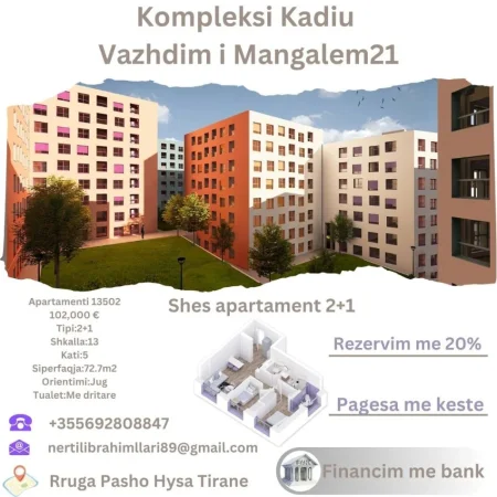 Tirane, shes apartament 2+1+Ballkon Kati 5, 73 m² 102.000 € (Rruga Pasho Hysa Tirane)