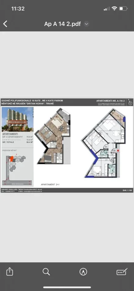 Tirane, shes apartament 2+1 Kati 14, 96 m² 135.000 € (dritan hoxha)