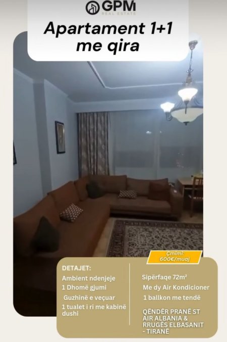 Tirane, jepet me qera apartament 1+1 Kati 5, 72 m² 600 € (Rruga e Elbasanit)