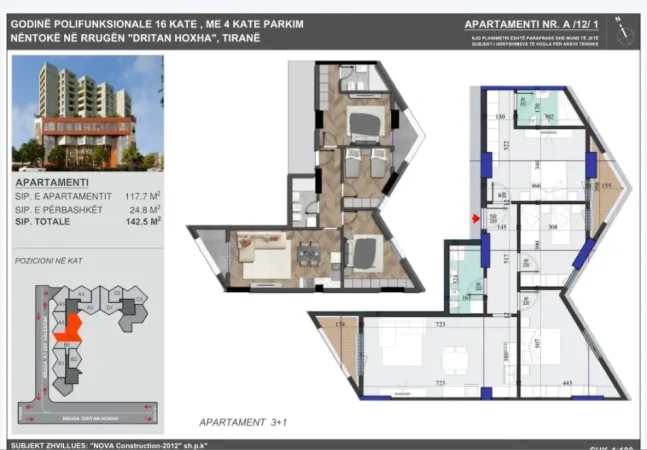Tirane, shes apartament 3+1 Kati 12, 142 m² 200.000 € (dritan hoxha)