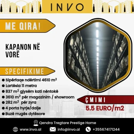 Tirane, jepet me qera ambjent biznesi , 4.610 m² (Autostrada Tirane - Durres, Vore.)