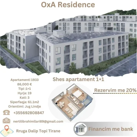 Tirane, shes apartament 1+1+Ballkon Kati 3, 61 m² 86.000 € (Rruga Dalip Topi Fresk Tirane)