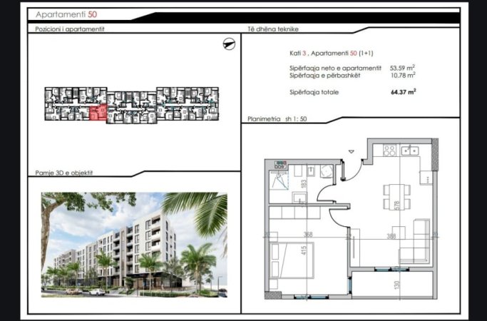 Durres, shitet apartament 1+1 Kati 3, 56 m² (Mali Robit)