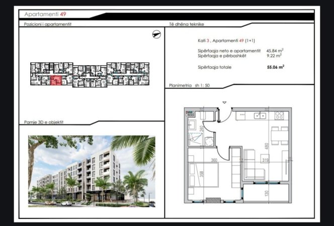 Durres, shitet apartament 1+1 Kati 3, 56 m² (Mali Robit)