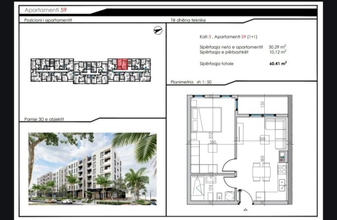 Durres, shitet apartament 1+1 Kati 3, 56 m² (Mali Robit)
