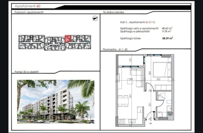 Durres, shitet apartament 1+1 Kati 3, 56 m² (Mali Robit)