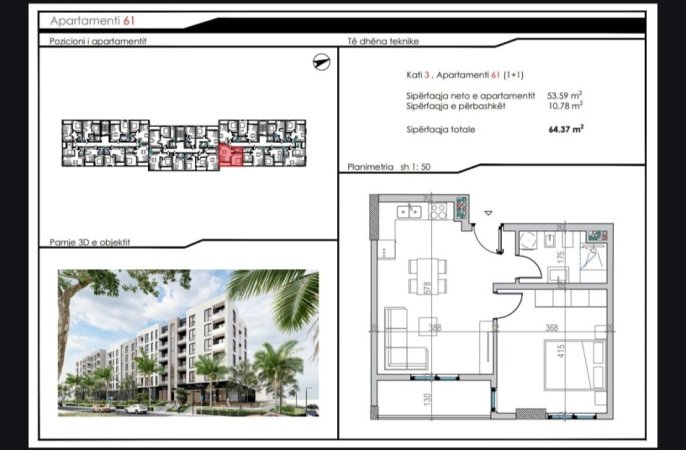 Durres, shitet apartament 1+1 Kati 3, 56 m² (Mali Robit)