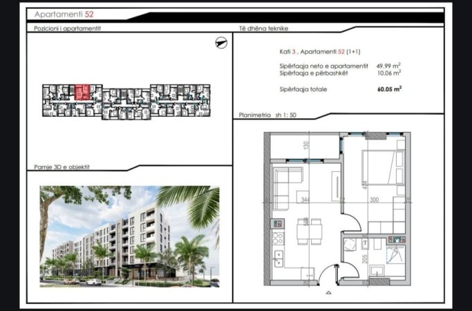 Durres, shitet apartament 1+1 Kati 3, 56 m² (Mali Robit)