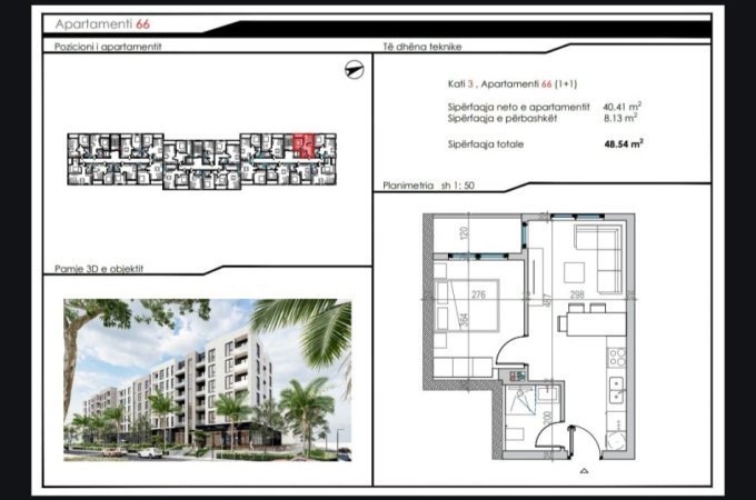 Durres, shitet apartament 1+1 Kati 3, 56 m² (Mali Robit)