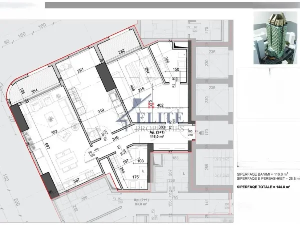 Tirane, shitet apartament 2+1+Ballkon Kati 9, 145 m² 447.840 € (Pazari i ri)