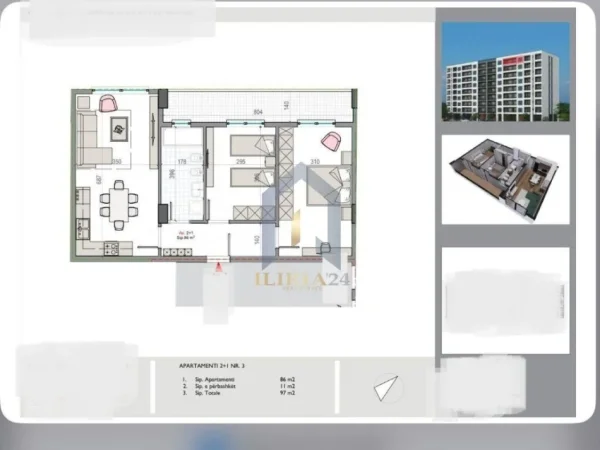 Tirane, shes apartament 2+1 Kati 8, 97 m² 88.000 € 