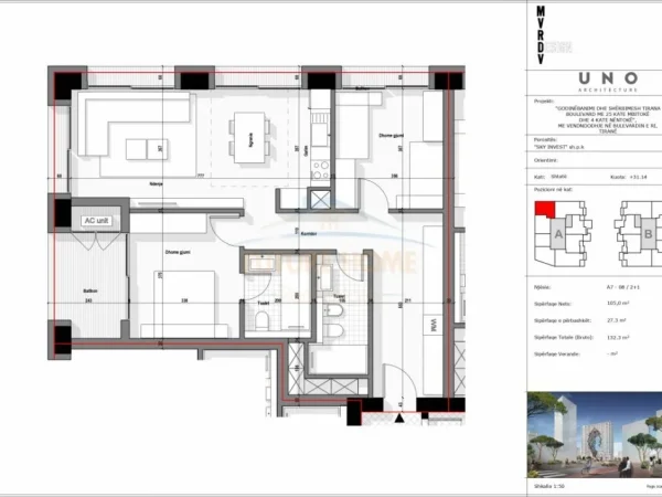 Tirane, shitet apartament 2+1+Ballkon Kati 7, 132 m² 291.000 € (Tirana Boulevard)