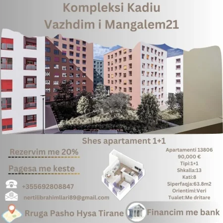 Tirane, shes apartament 1+1+Ballkon Kati 8, 64 m² 90.000 € (Rruga Pasho Hysa Tirane)