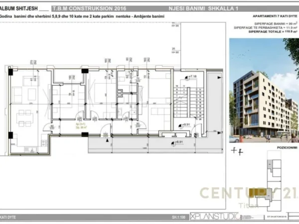 Tirane, shes apartament 3+1+Aneks+Ballkon Kati 3, 111 m² 243.980 € (Sali Butka)