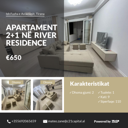 Tirane, jepet me qera apartament 2+1+Ballkon , 110 m² 650 € (River Residence)