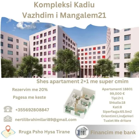 Tirane, shes apartament 2+1+Ballkon Kati 8, 65 m² 99.000 € (Rruga Pasho Hysa Tirane)