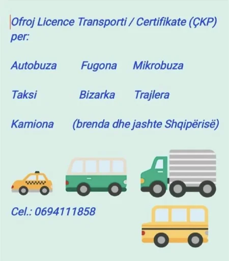 Durres, ofroj Licence Transport Mallra / Njerez / Puntor / Taksi / Bizarka