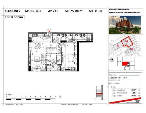 Tirane, shes apartament 2+1+BLK Kati 3, 98 m² 97.800 Euro (Mirabella Residence)