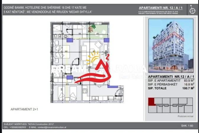 Tirane, shitet apartament 2+1+Ballkon Kati 12, 100 m² 260.000 € (Tek White Tower, Komuna e Parisit)
