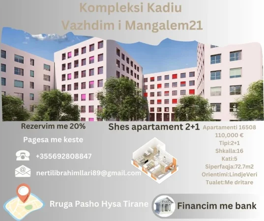 Tirane, shes apartament 2+1+Ballkon Kati 5, 73 m² 110.000 € (Rruga Pasho Hysa Tirane)
