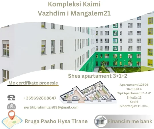 Tirane, shes apartament 3+1+Ballkon Kati 6, 111 m² 167.000 € (Rruga Pasho Hysa Tirane)